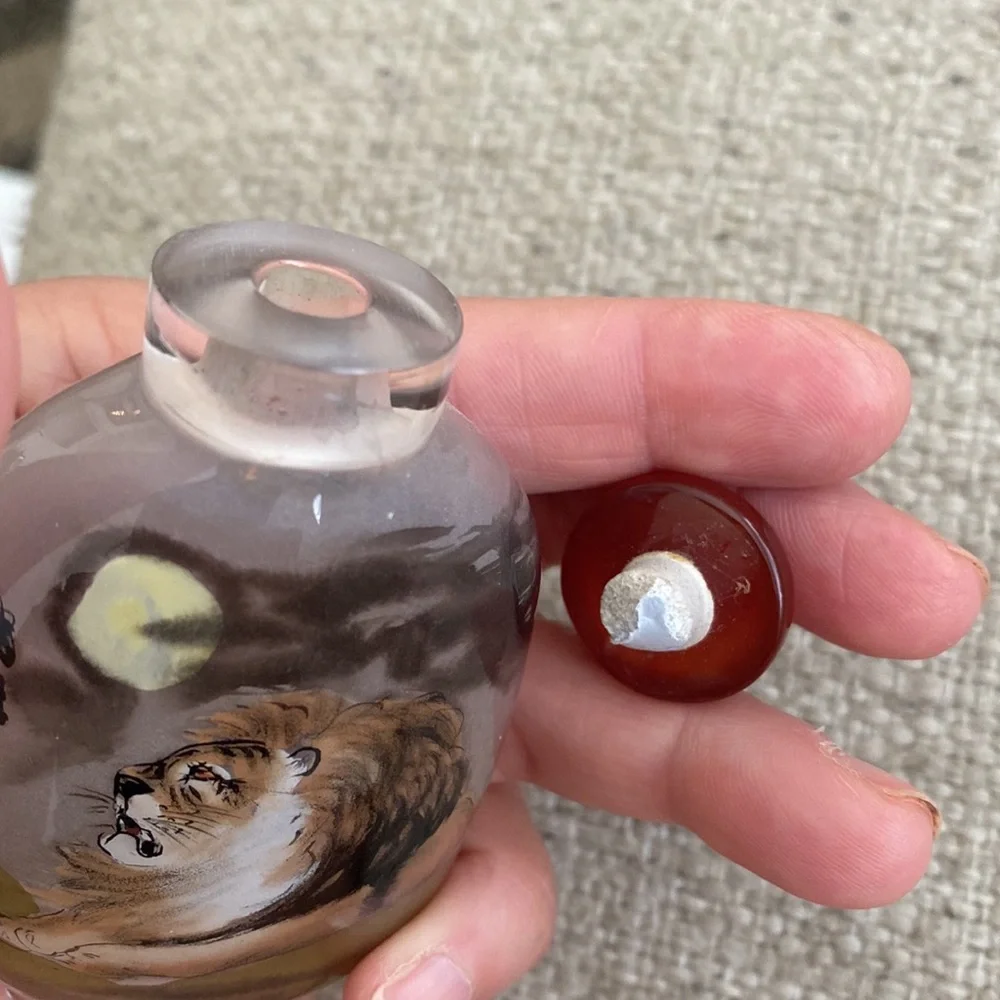 NWOT Chinese Reverse Painted Glass Snuff Bottle Double Scene Lion